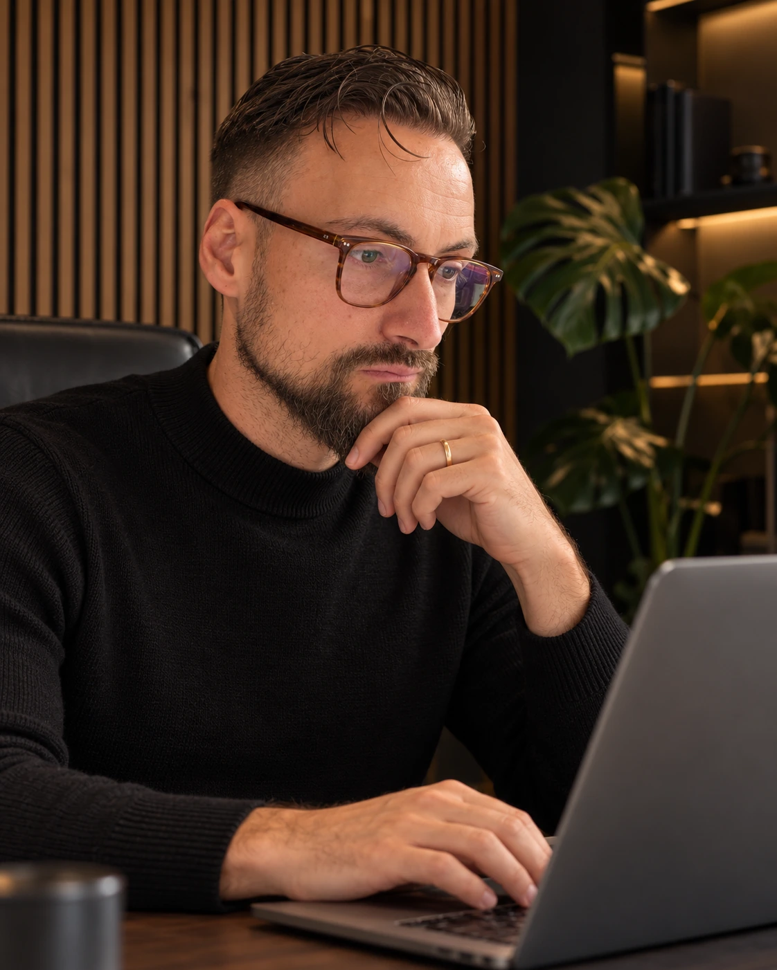 Enrico Benz nachdenklich am MacBook