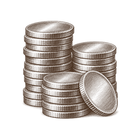 Kupferstich von Münzstapeln