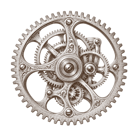 Kupferstich einer präzisen Mechanik